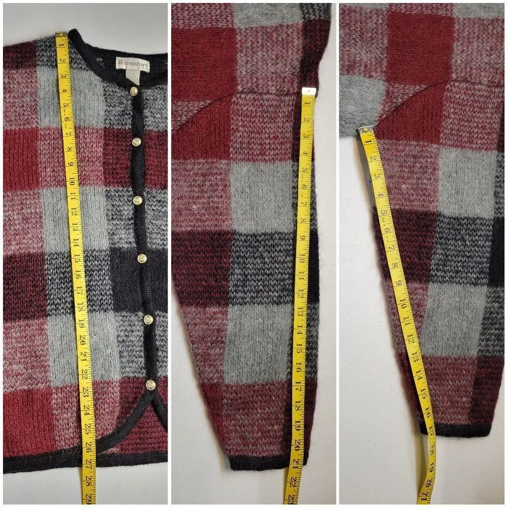 Dressbarn Mohair Blend Plaid Knit Cardigan in Red and Gray Vintage